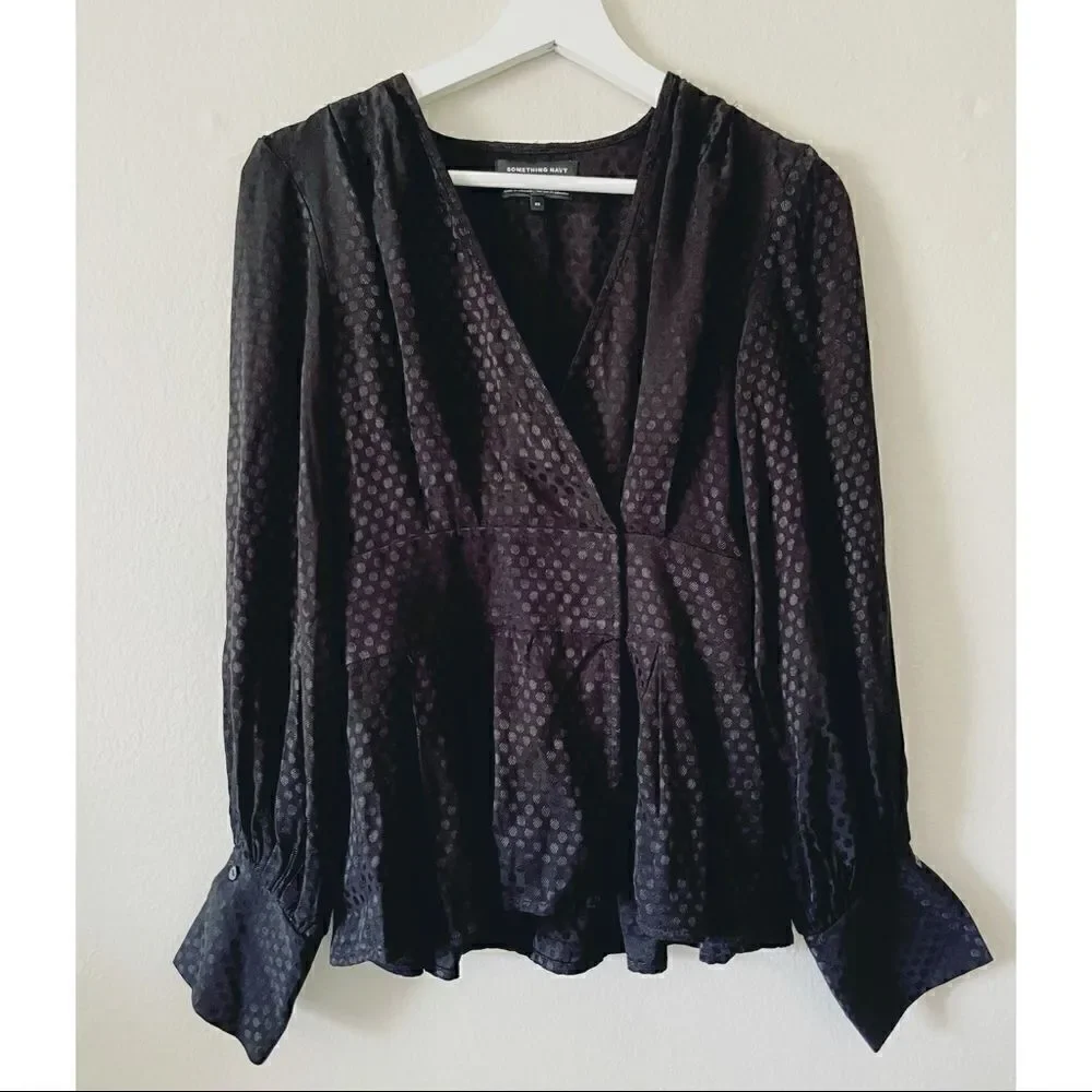 Black Polka Dot V-Neck Long sleeve blouse - Picture 3 of 3
